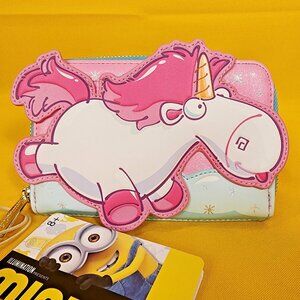 Loungefly Minions Fluffy Unicorn Rainbow Glitter Rainbow Zip Around Wallet NEW